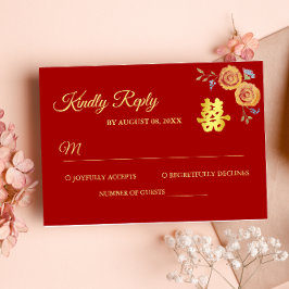 Cartão RSVP Vermelho laranja floral Chinês dupla felicidade
