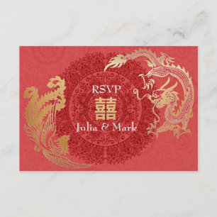 Cartão RSVP Vermelho Wedding chinês moderno de Dragão-Phoenix