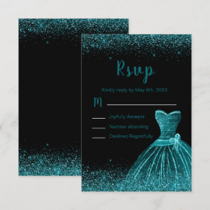 Cartão RSVP Vestido Azul Turquesa Falso Brilho Quinceanera