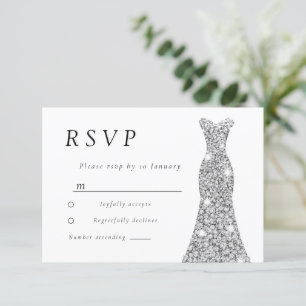 Cartão RSVP Vestido de Diamante Prateado para Noiva ou Festa d