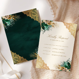 Cartão RSVP Vestido de Noiva Muçulmano Floral Esmeralda Dourad