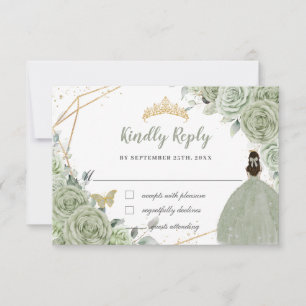 Cartão RSVP Vestido de Princesa Quinceañera Floral Verde Salvi
