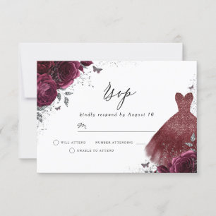 Cartão RSVP Vestido e Flores de Aniversário Marrom Borgonha Nu