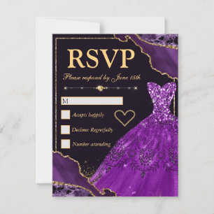 Cartão RSVP Vestido Sweet Sixteen com brilho roxo e dourado em