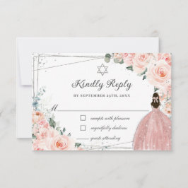 Cartão RSVP Vestimento De Prata Floral Rosa Bat Mitzvah