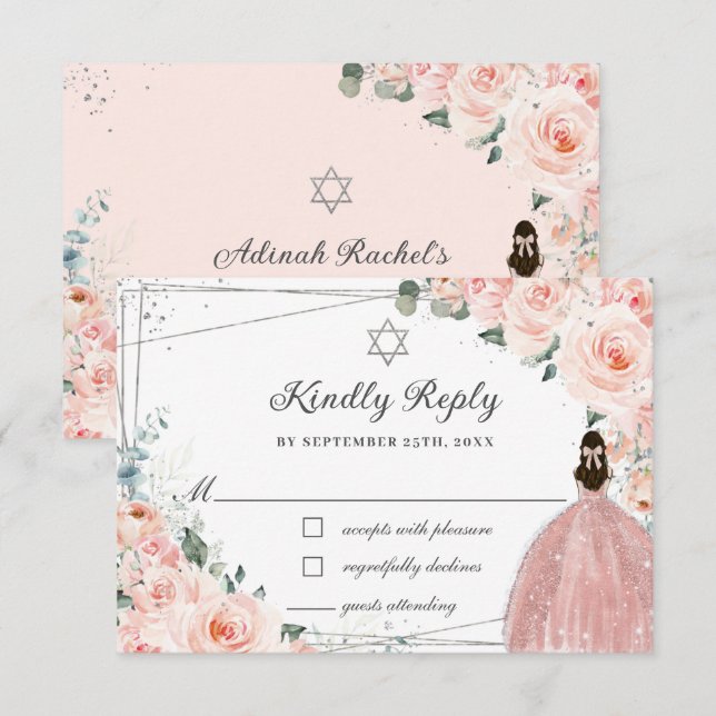 Cartão RSVP Vestimento De Prata Floral Rosa Bat Mitzvah (Frente/Verso)