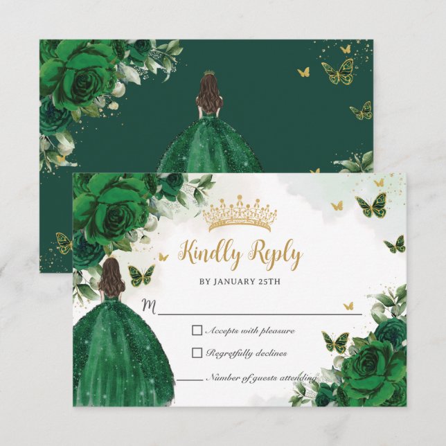 Cartão RSVP Vibrant Emerald Green Floral Princess Quinceañera (Frente/Verso)