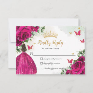 Cartão RSVP Vibrant Fuchsia Pink Floral Princess Quinceañera