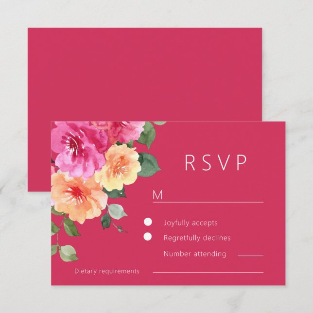 Cartão RSVP Vibrant Pink Watercolor Floral Wedding (Frente/Verso)