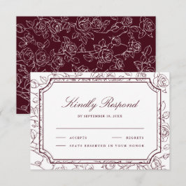 Cartão RSVP Victorian Burgundy Floral Line Art Wedding