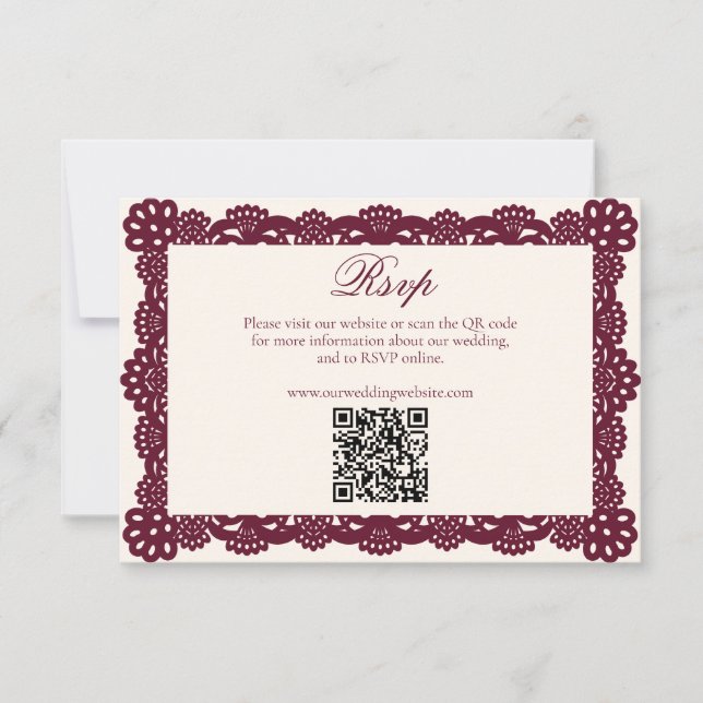 Cartão RSVP Victorian Burgundy Ivory Lace Wedding Website QR (Frente)