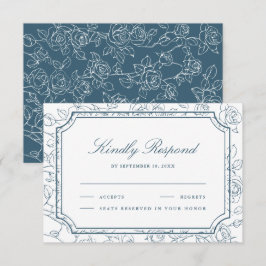 Cartão RSVP Victorian Dusty Blue Floral Line Art Wedding