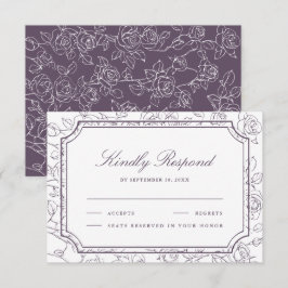Cartão RSVP Victorian Dusty Purple Floral Line Art Wedding