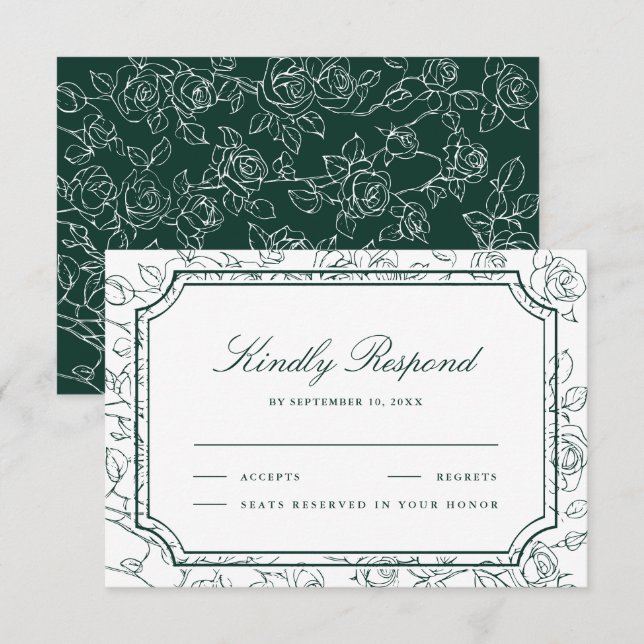 Cartão RSVP Victorian Emerald Green Floral Line Art Wedding (Frente/Verso)