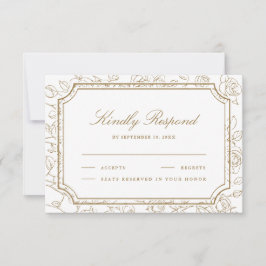 Cartão RSVP Victorian White and Gold Floral Line Art Wedding