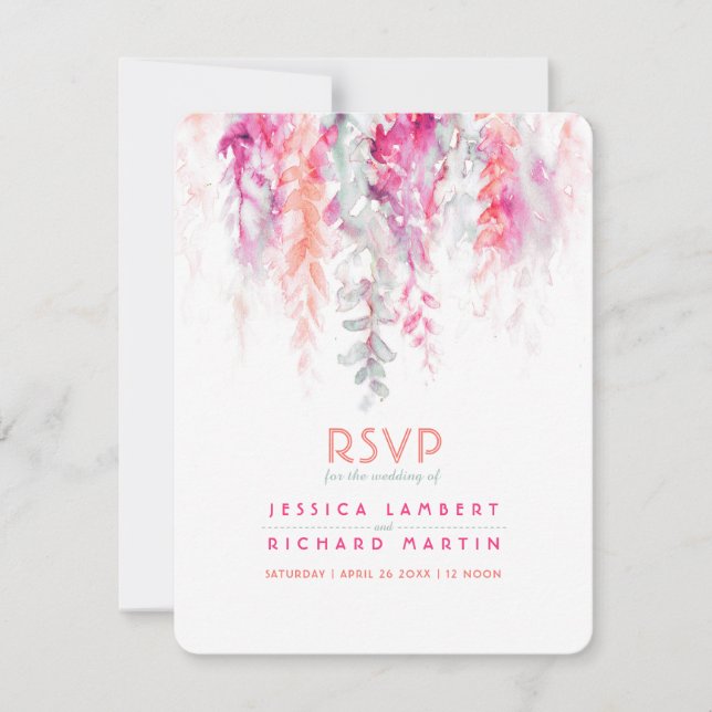 Cartão RSVP Vinhas aquarelas casamento cor de laranja rosa cor (Frente)