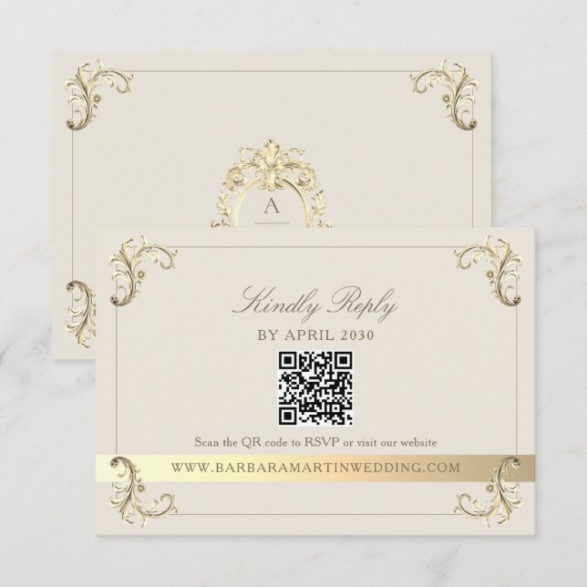 Cartão RSVP Vintage Baroque Cream Gold Wedding (Frente/Verso)