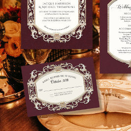 Cartão RSVP Vintage Barroco Rococo Borgonha e Casamento Dourad