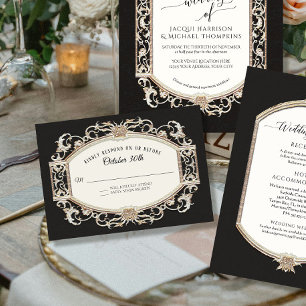 Cartão RSVP Vintage Barroco Rococó Negro Branco em Dourado Cas