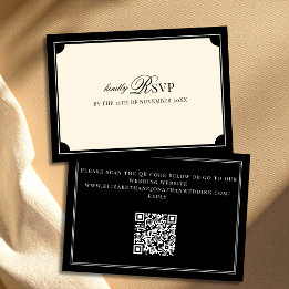 Cartão RSVP Vintage Black and Ivory Old Money QR Code Wedding