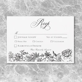 Cartão RSVP Vintage Black & White Tapeçaria Floral Casamento