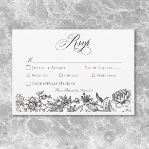 Cartão RSVP Vintage Black & White Tapeçaria Floral Casamento