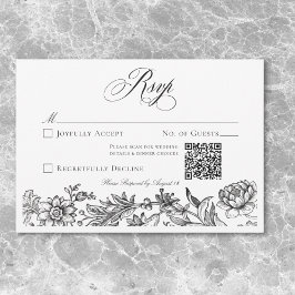 Cartão RSVP Vintage Black & White Tapeçaria Floral Casamento R