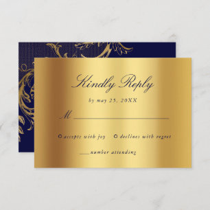 Cartão RSVP Vintage Blue Floral Dourado Casamento de Script de