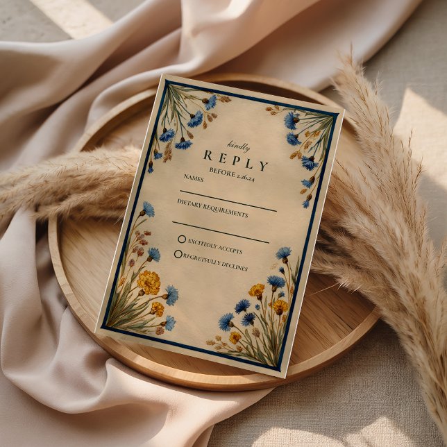 Cartão RSVP Vintage Blue Wildflower Wedding (Criador carregado)