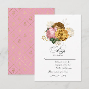 Cartão RSVP Vintage Blush Rosa e Dourado Floral Quinceañera