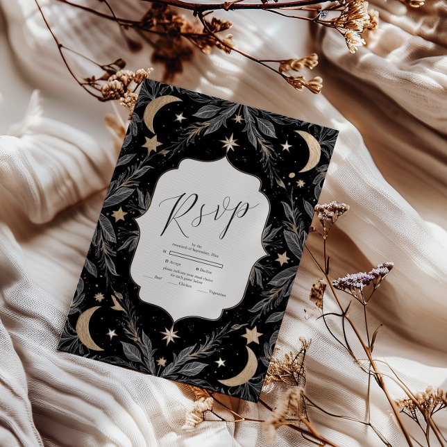 Cartão RSVP Vintage Botanical Celestial Moon Stars Casamento (Criador carregado)