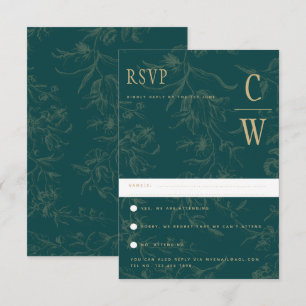 Cartão RSVP Vintage BOTANICAL TEAL DOURADO Casamento