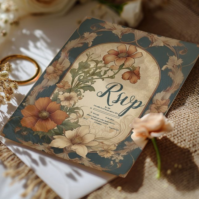 Cartão RSVP Vintage Bougainvillea Art Nouveau Wedding (Criador carregado)