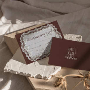 Cartão RSVP Vintage Castanho Chocolate Renda Toalhinha Retro C