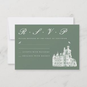 Cartão RSVP Vintage Castle Illustration Sage Green Wedding