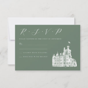 Cartão RSVP Vintage Castle Illustration Sage Green Wedding