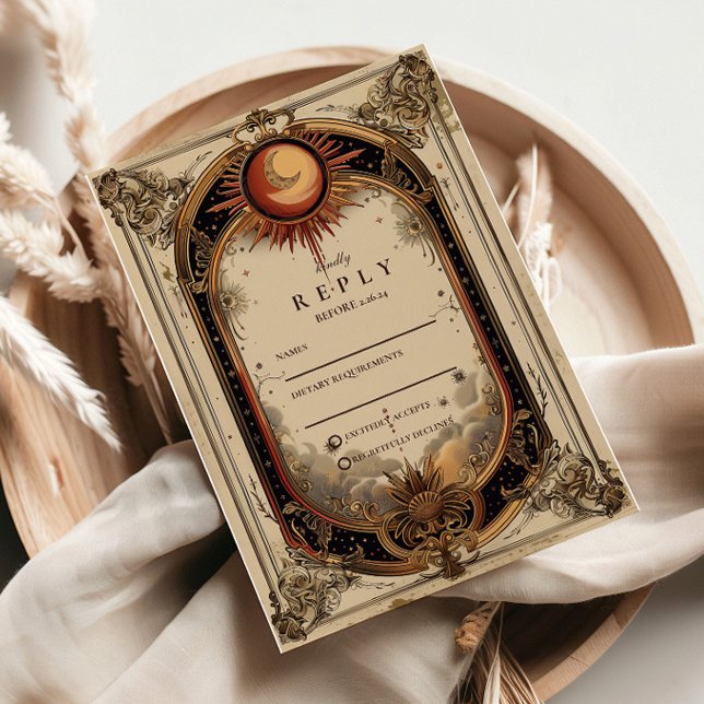 Cartão RSVP Vintage Celestial Art Nouveau Wedding (Criador carregado)