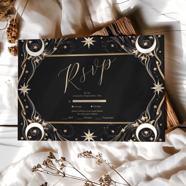 Cartão RSVP Vintage Celestial Moon Stars Casamento (Criador carregado)