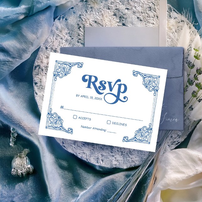 Cartão RSVP Vintage Chinoiserie Frame Dusty Blue Casamento (Criador carregado)