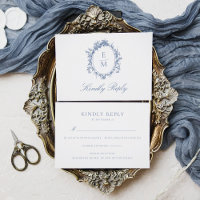 Vintage Crest Monograma Blue Casamento Botânico