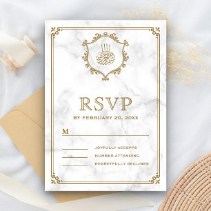 Cartão RSVP Vintage Dourado Florescente Mármore Branco Casamen