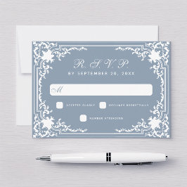 Cartão RSVP Vintage Dusty Blue Weding Elegant White Script