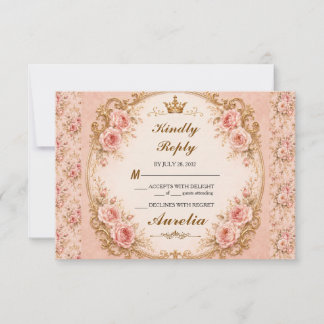 Cartão RSVP Vintage Elegante Rosa Dourado Quinceañera 15º