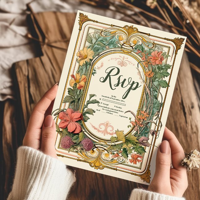 Cartão RSVP Vintage Floral Art Nouveau Wedding (Criador carregado)