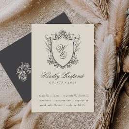 Cartão RSVP Vintage Floral Crest Beige Charcarboneto Monograma
