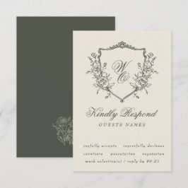 Cartão RSVP Vintage Floral Crest Olive Monograma Verde Casamen
