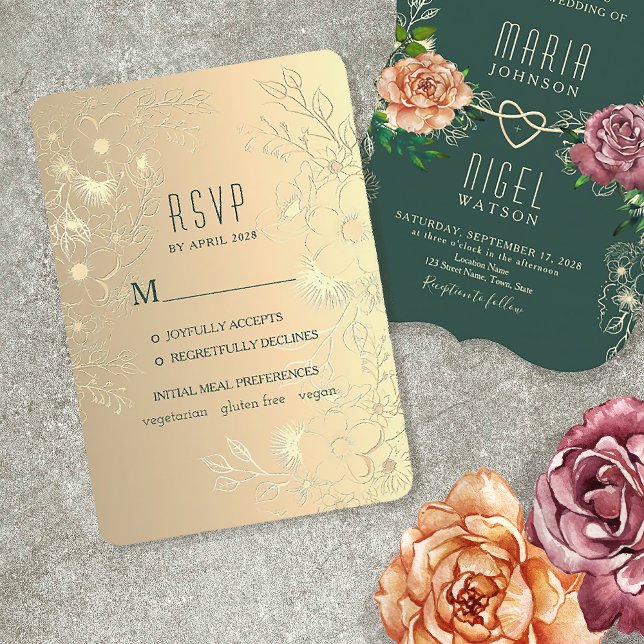 Cartão RSVP Vintage Floral Dourado Wedding (Criador carregado)