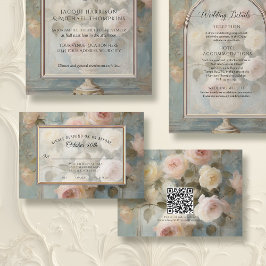 Cartão RSVP Vintage Floral Elegance Blue Pink Casamento Dourad