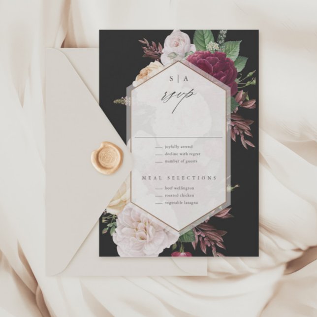 Cartão RSVP Vintage Floral Wedding (Vintage Floral Bouquet Black Wedding RSVP Cards.)