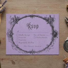 Cartão RSVP Vintage Gothic Black Toile Bat Purple Wedding